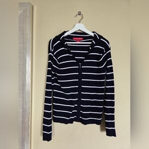 Navy & White Stripe Nautical Ribbed Zip Up Sweater Coastal